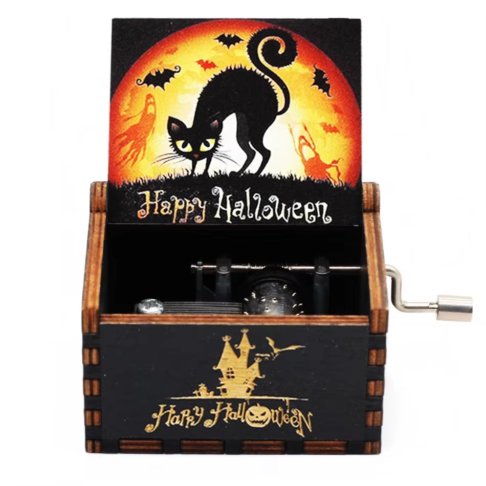 Hot Antique Carved Wooden Hand Crank Happy Halloween Music Box You Are My Sunshine Halloween Decor Christmas Birthday Gift