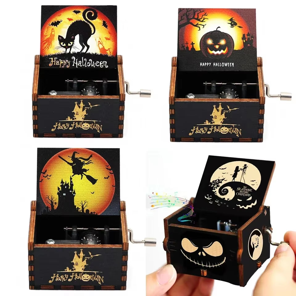 Hot Antique Carved Wooden Hand Crank Happy Halloween Music Box You Are My Sunshine Halloween Decor Christmas Birthday Gift