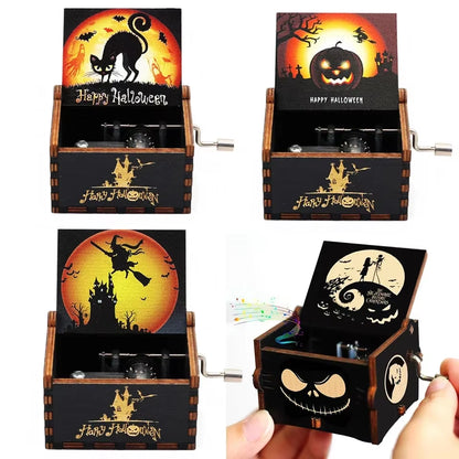 Hot Antique Carved Wooden Hand Crank Happy Halloween Music Box You Are My Sunshine Halloween Decor Christmas Birthday Gift