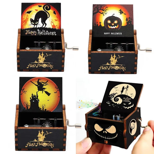Hot Antique Carved Wooden Hand Crank Happy Halloween Music Box You Are My Sunshine Halloween Decor Christmas Birthday Gift