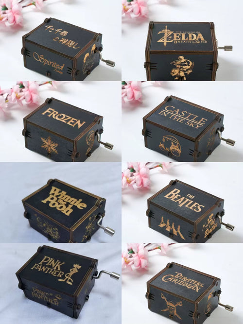 Wooden Hand Cranked Music Box, Sky City, Exquisitely Carved with Multiple Black Creative DIY Dark Music Boxes