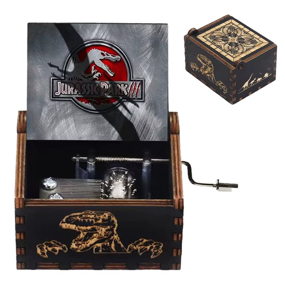 Jurassic Park Dinosaur Theme Wooden Hand Crank Music Box Multiple Styles Carved Musical Box Collectible Birthday Gift for Fans