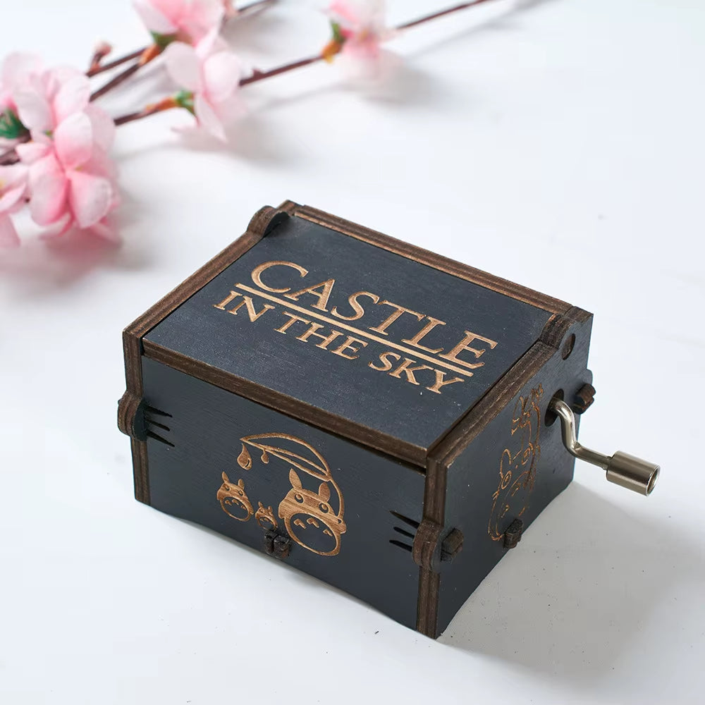 Wooden Hand Cranked Music Box, Sky City, Exquisitely Carved with Multiple Black Creative DIY Dark Music Boxes