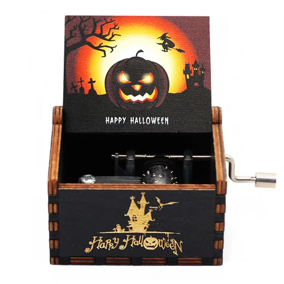 Hot Antique Carved Wooden Hand Crank Happy Halloween Music Box You Are My Sunshine Halloween Decor Christmas Birthday Gift